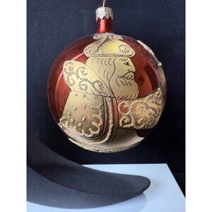 Set of 2 Hand-Painted Bronze Gold Glass Christmas Wiseman Starburst 4" Ornaments